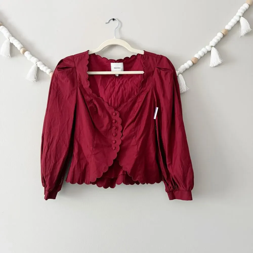 NEW Reformation Elianna Button-Up Blouse Top Cotton Burgundy Red Size 10